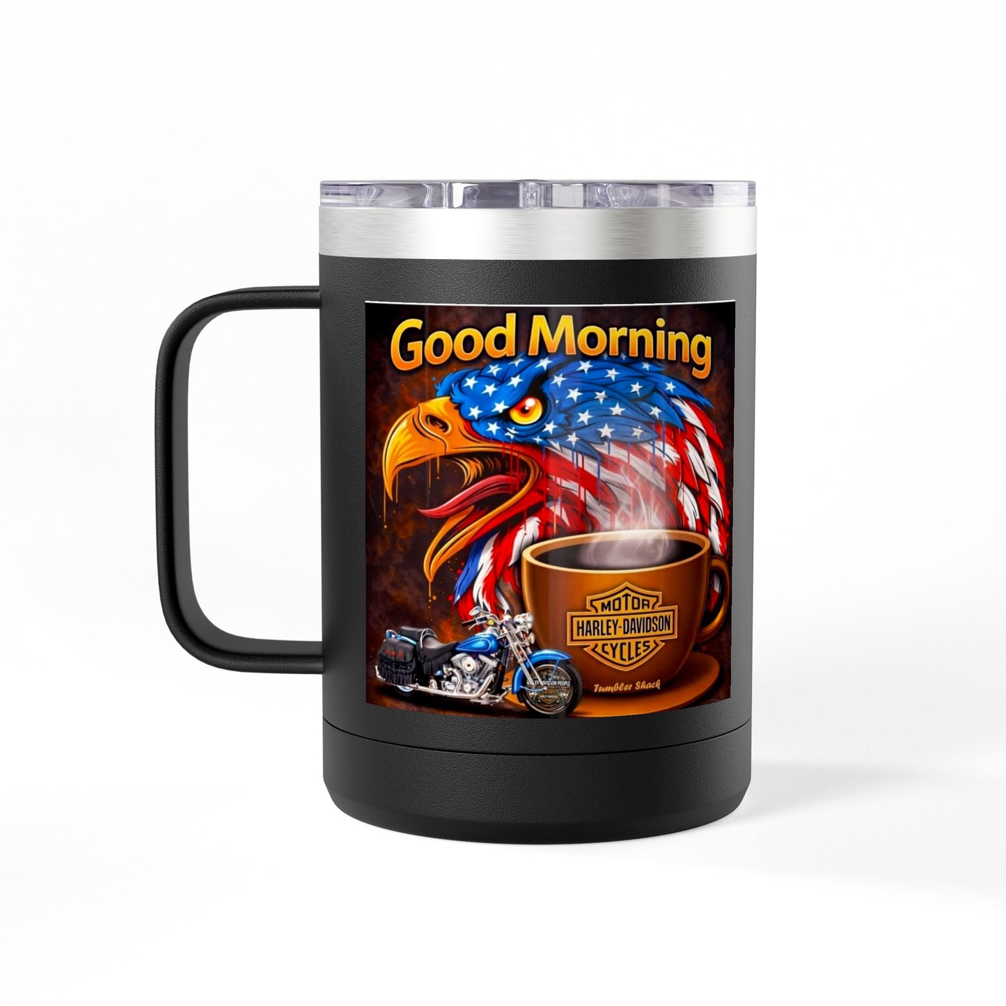 Good Morning Eagle Coffee Mug Tumbler – Patriotic American Flag Eagle with Harley Cup, 15oz