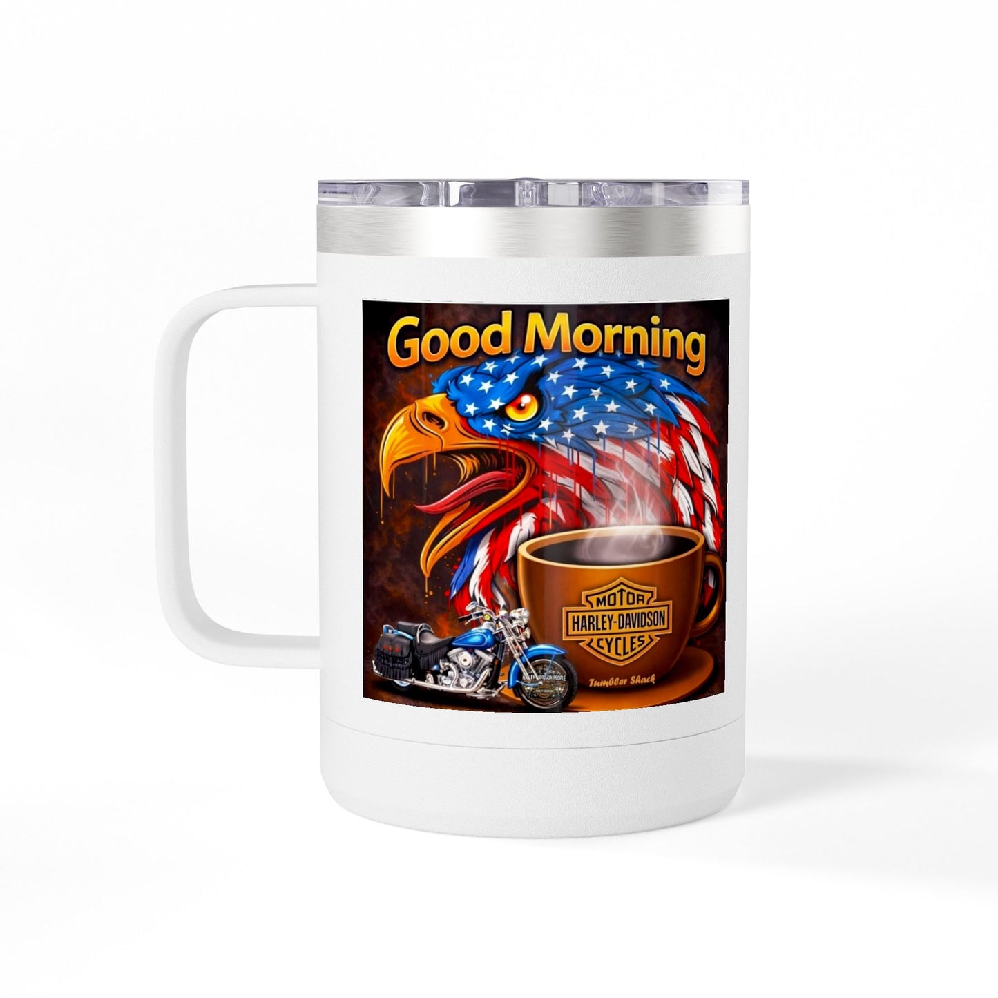 Good Morning Eagle Coffee Mug Tumbler – Patriotic American Flag Eagle with Harley Cup, 15oz