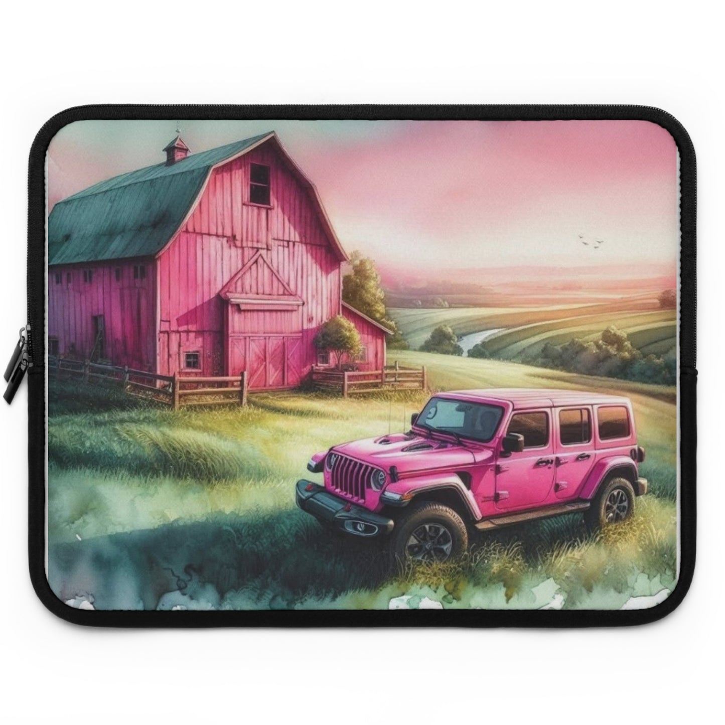 Pink Jeep Laptop Sleeve — Country Farmhouse Sunset Design