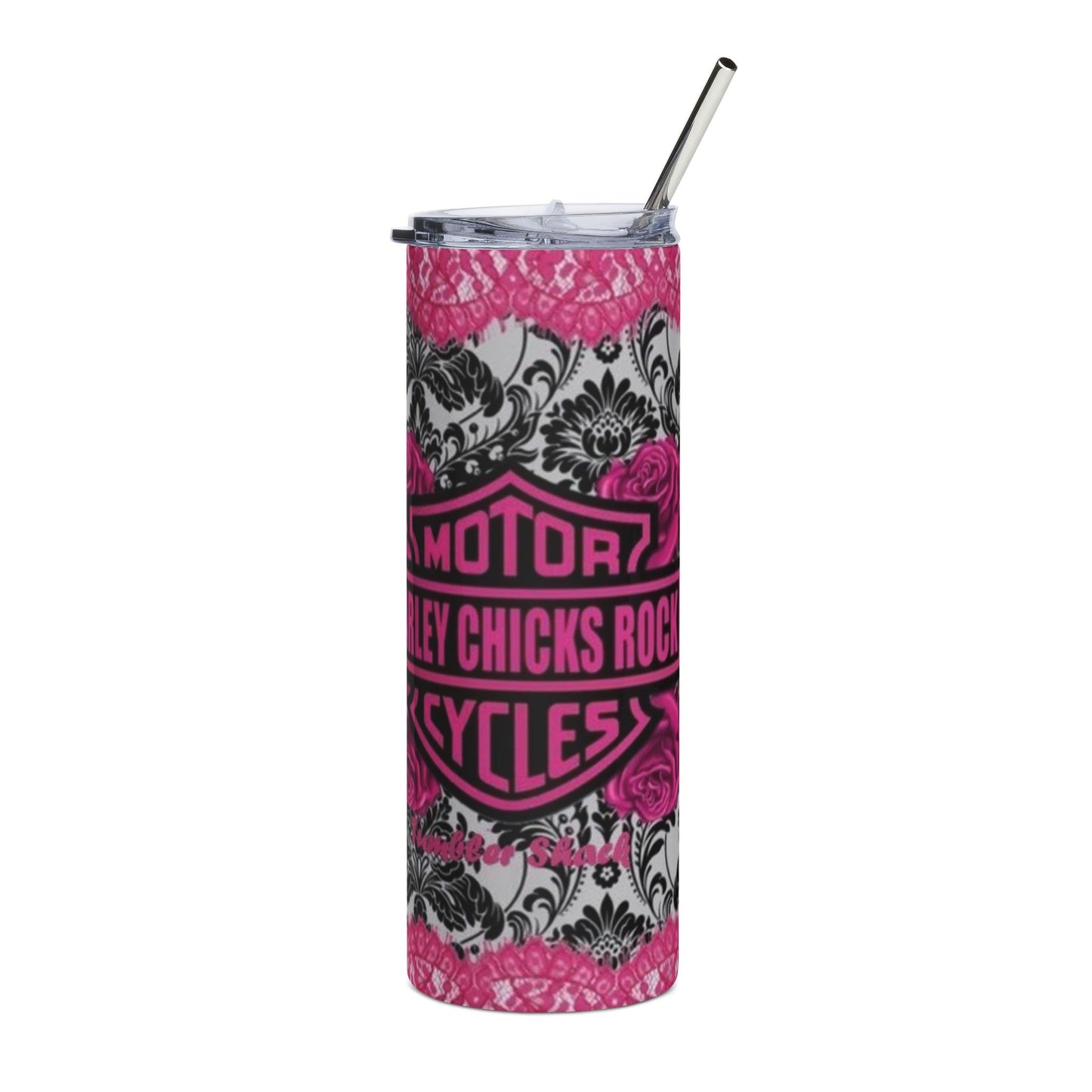 20oz Stainless Tumbler — Pink 'Harley Chicks Rock' Motorcycle Design