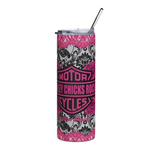 20oz Stainless Tumbler — Pink 'Harley Chicks Rock' Motorcycle Design