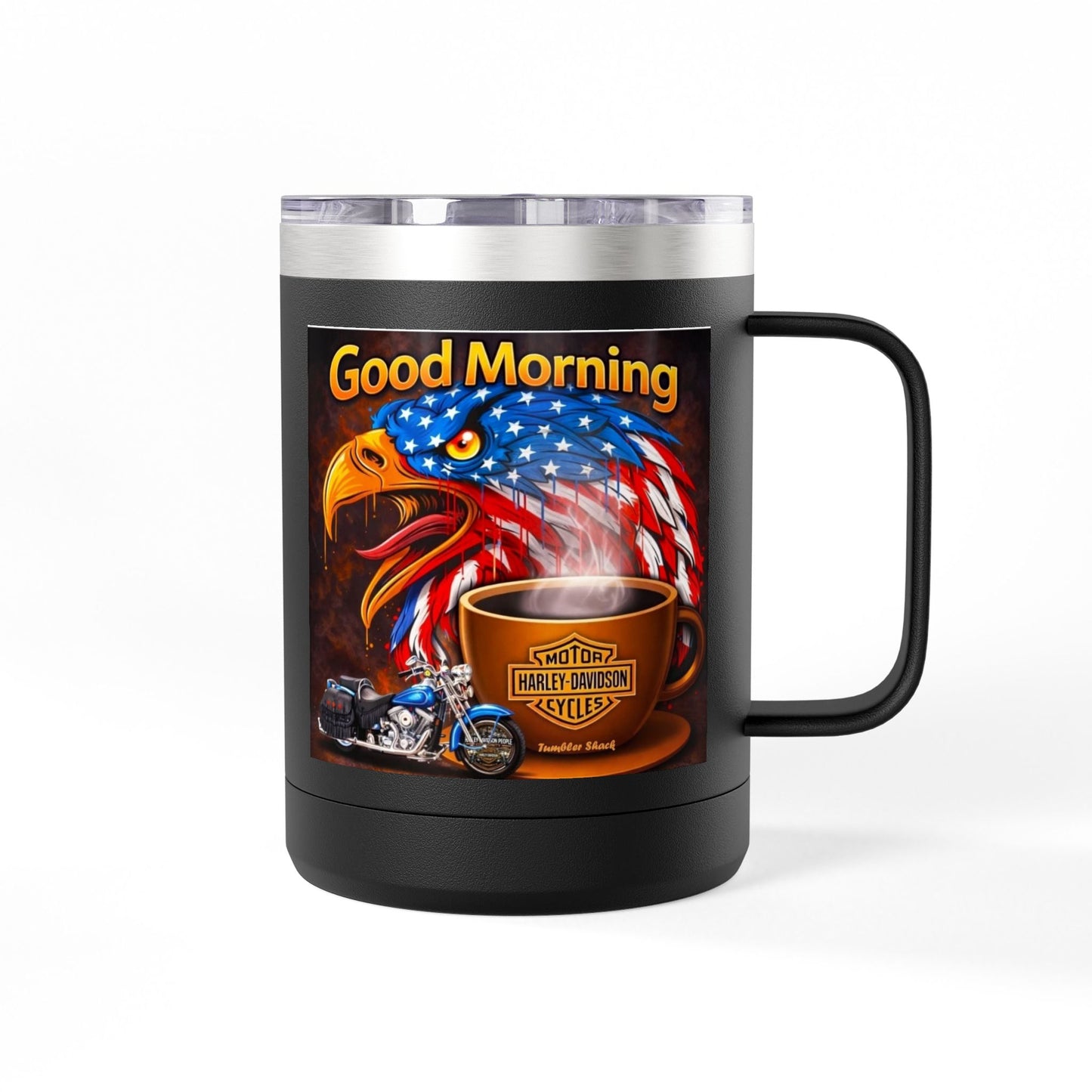 Good Morning Eagle Coffee Mug Tumbler – Patriotic American Flag Eagle with Harley Cup, 15oz