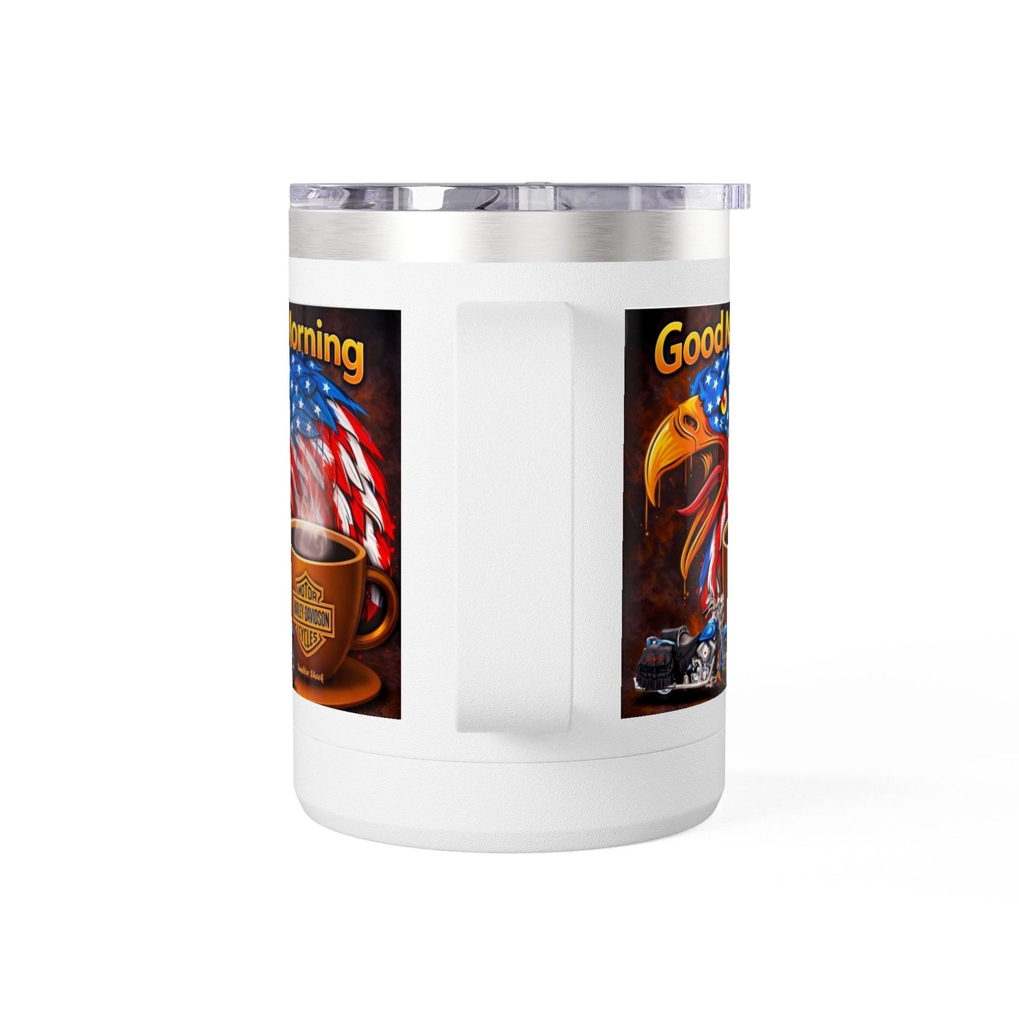 Good Morning Eagle Coffee Mug Tumbler – Patriotic American Flag Eagle with Harley Cup, 15oz