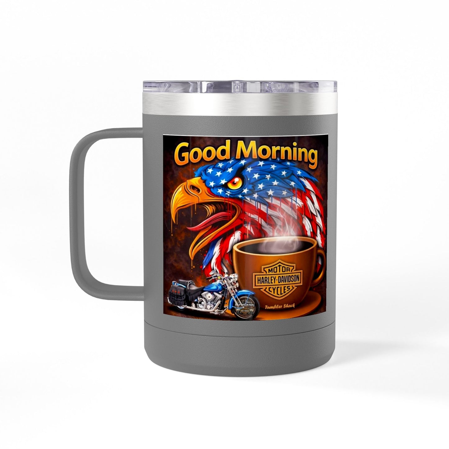 Good Morning Eagle Coffee Mug Tumbler – Patriotic American Flag Eagle with Harley Cup, 15oz