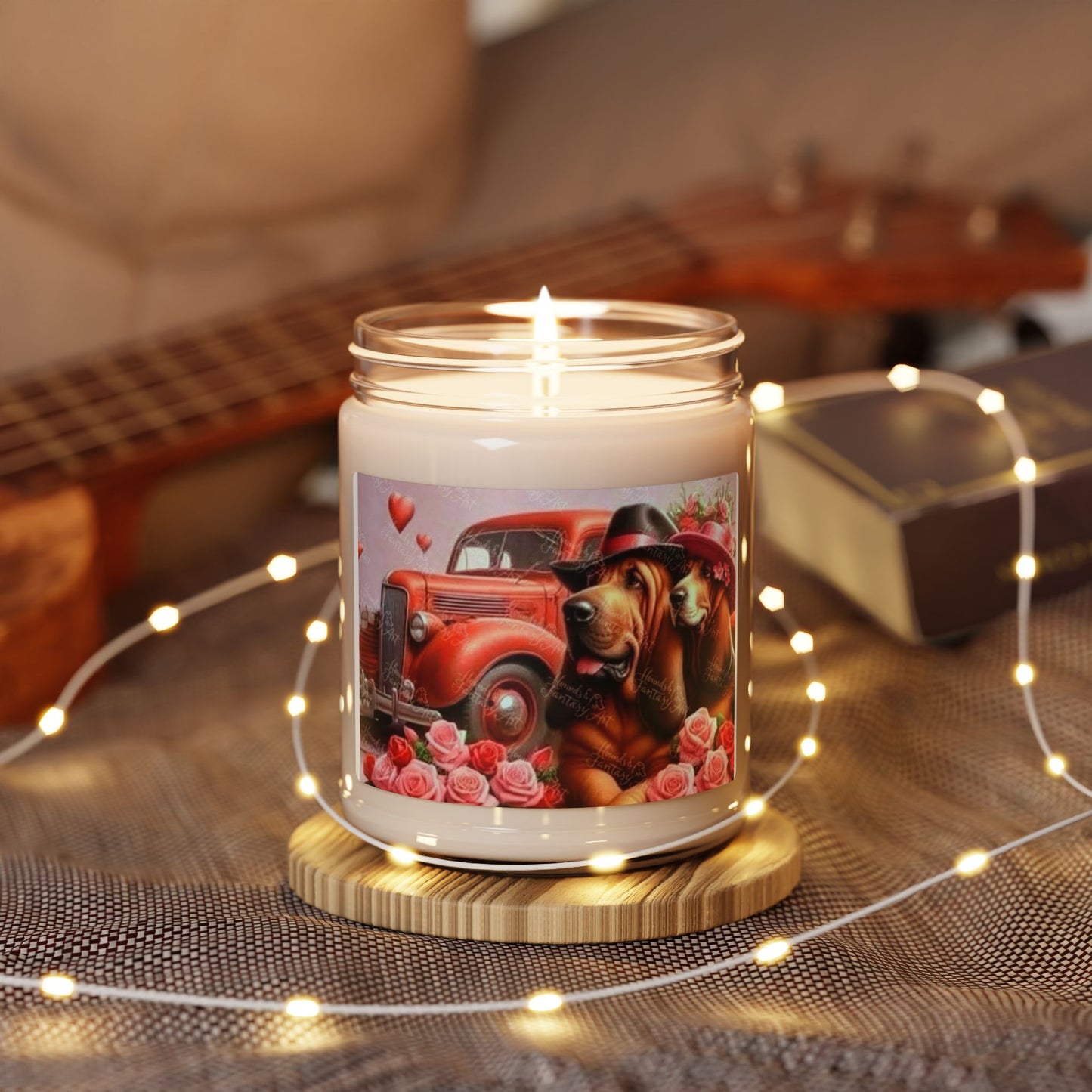 Soy Candle — Vintage Red Car with Dogs & Roses Scented Candle (9oz)