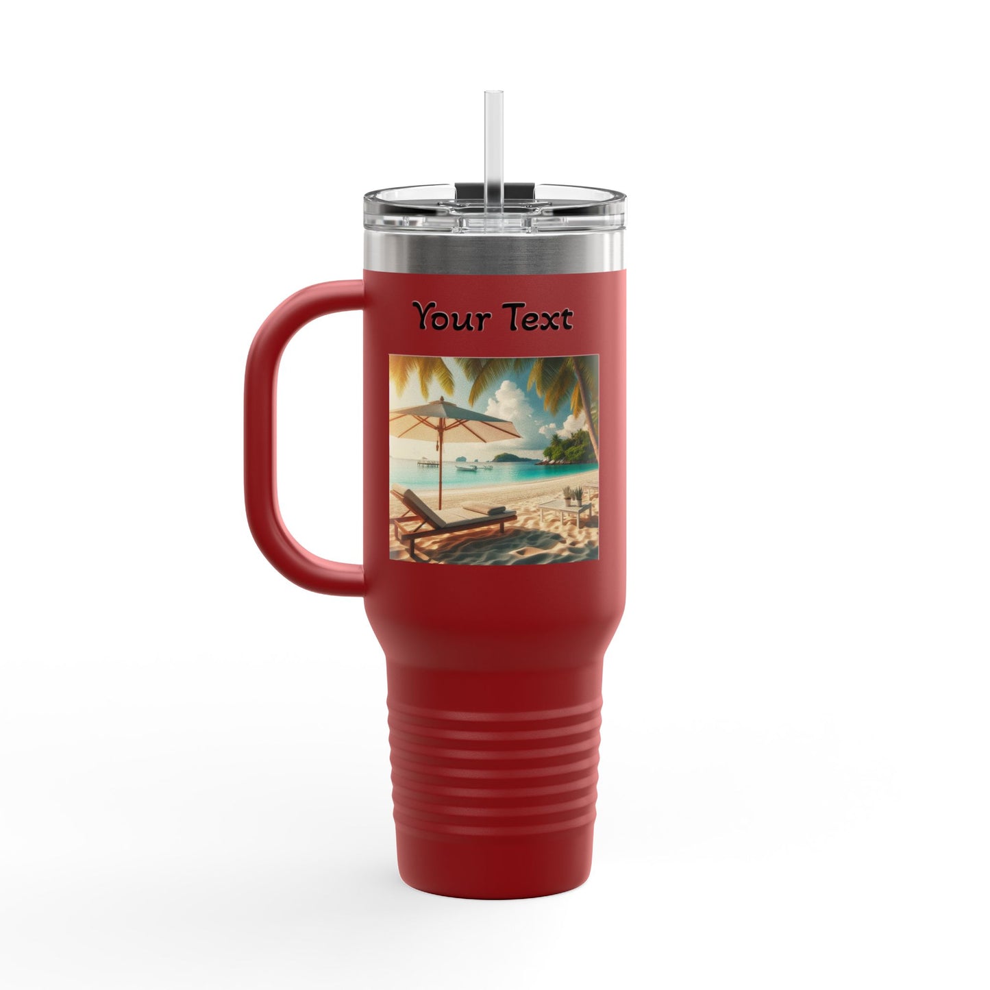 40oz Insulated Travel Mug — Tropical Beach Design (Customizable "Your Text")
