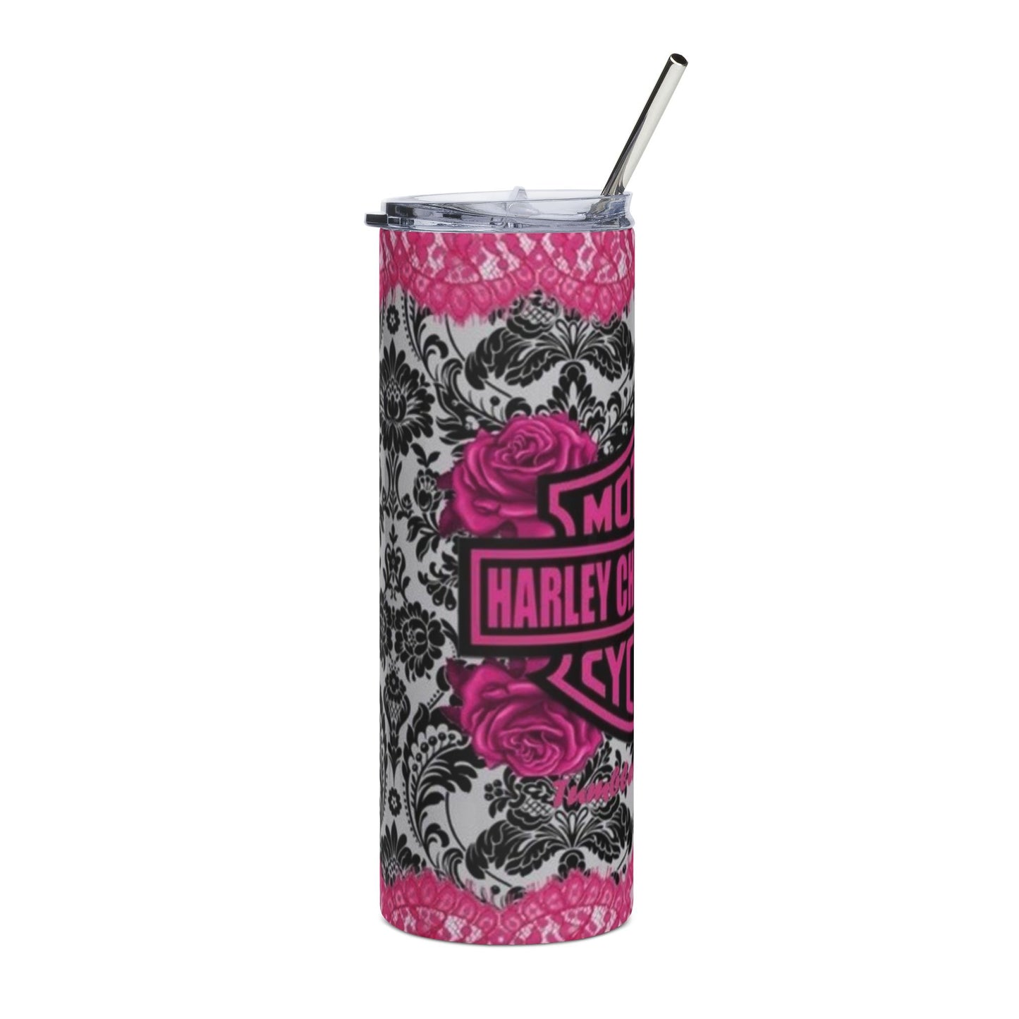 20oz Stainless Tumbler — Pink 'Harley Chicks Rock' Motorcycle Design
