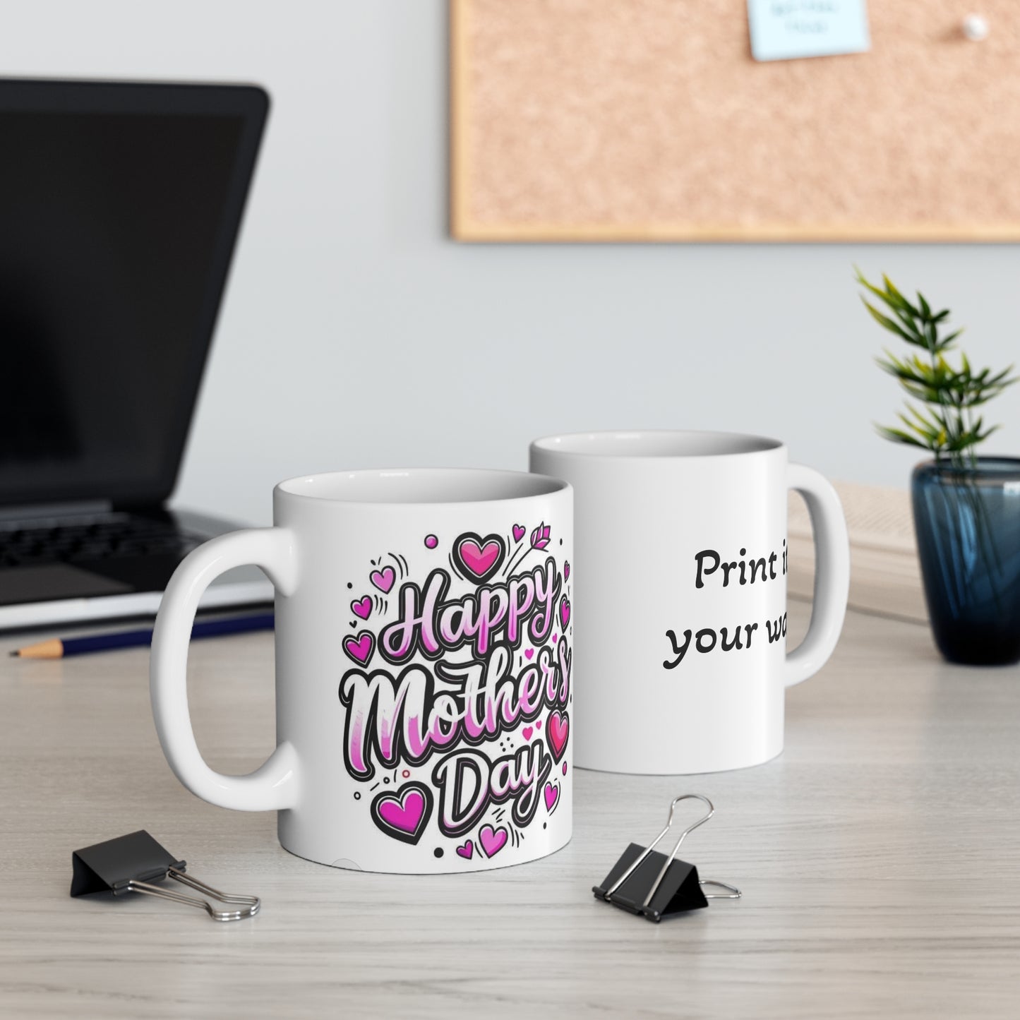 Personalizable Mother's Day Mug 11oz — Pink Heart "Happy Mother's Day" Ceramic Coffee Cup