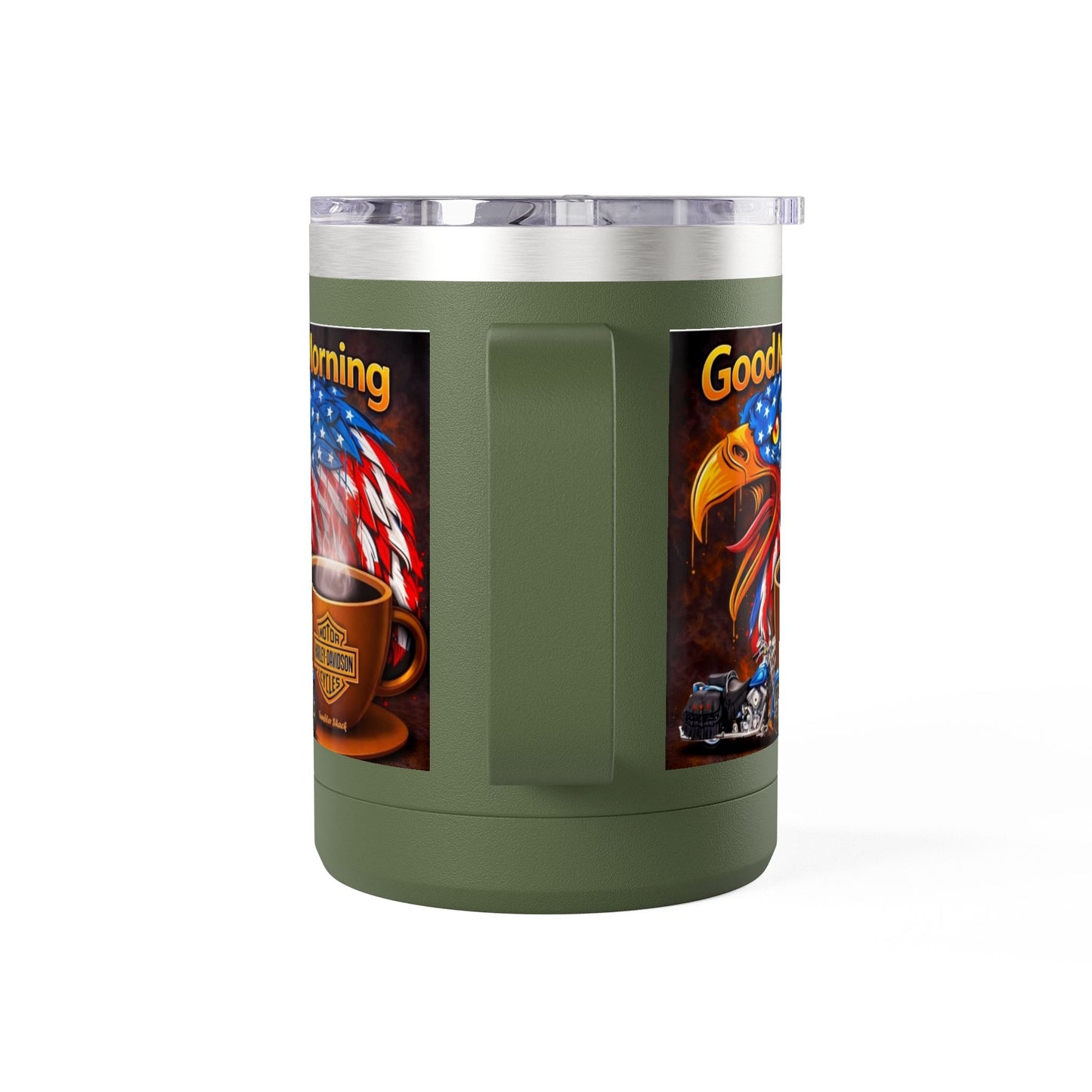 Good Morning Eagle Coffee Mug Tumbler – Patriotic American Flag Eagle with Harley Cup, 15oz