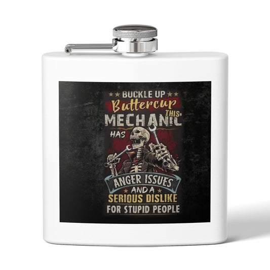 Mechanic Flask — "Buckle Up Buttercup" 6oz Stainless Steel Hip Flask