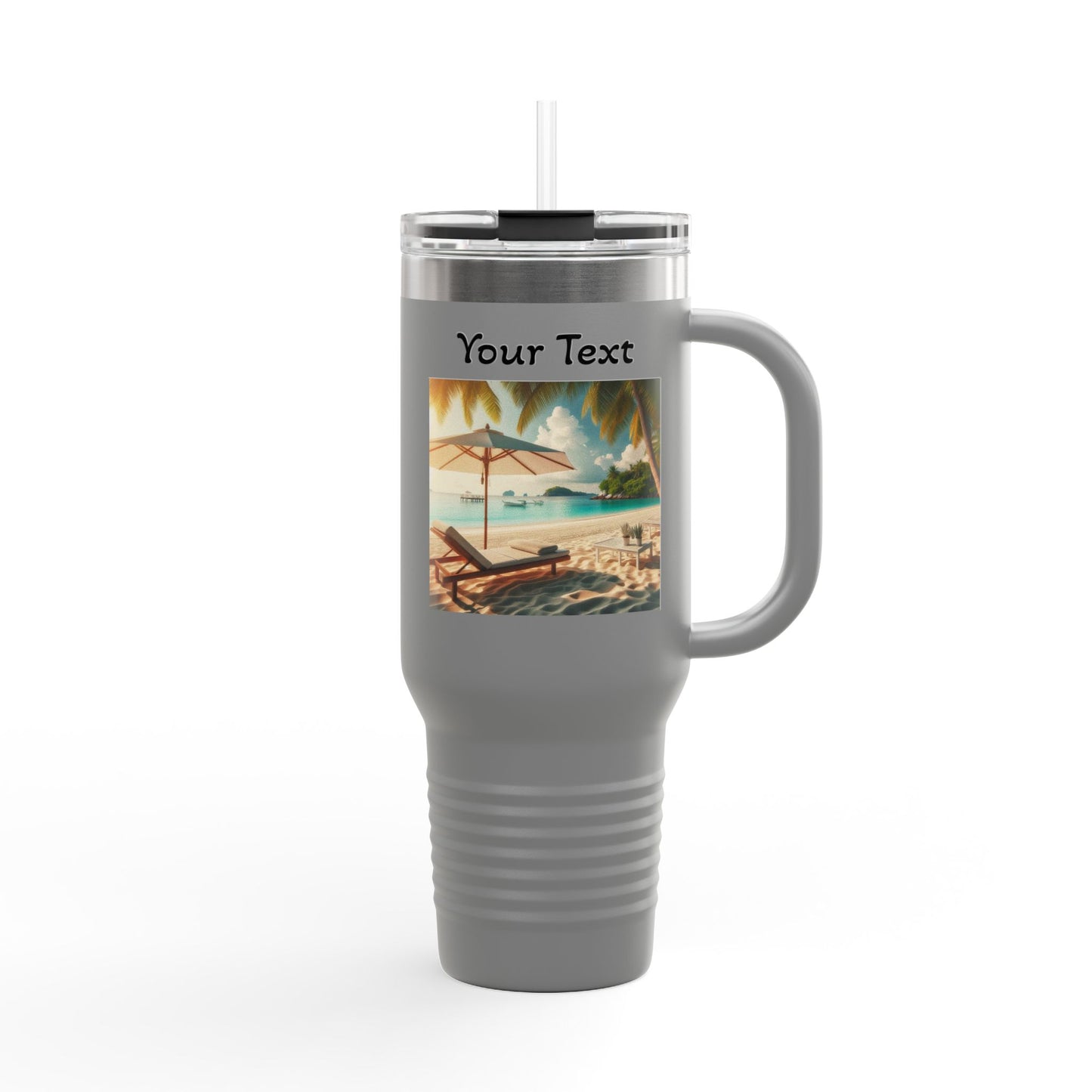 40oz Insulated Travel Mug — Tropical Beach Design (Customizable "Your Text")