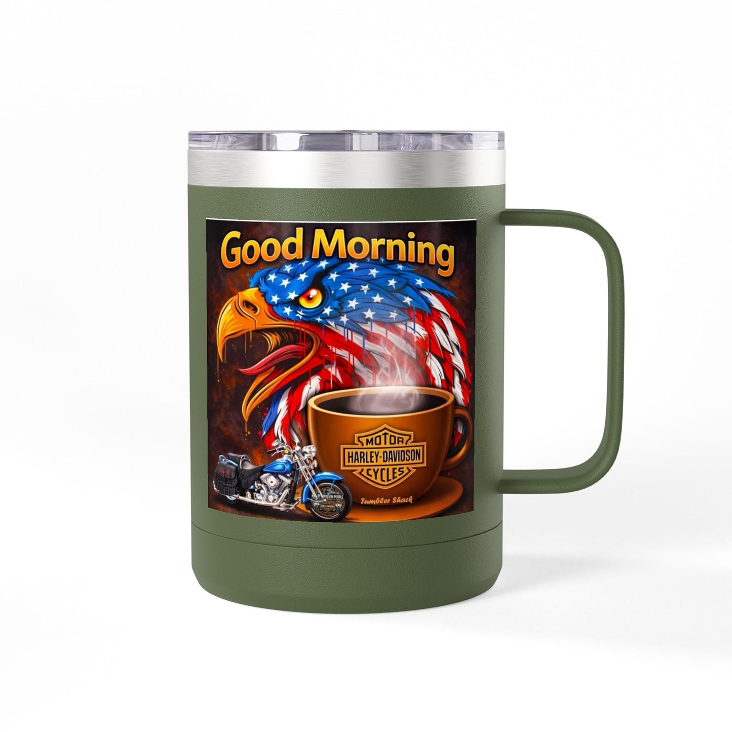 Good Morning Eagle Coffee Mug Tumbler – Patriotic American Flag Eagle with Harley Cup, 15oz