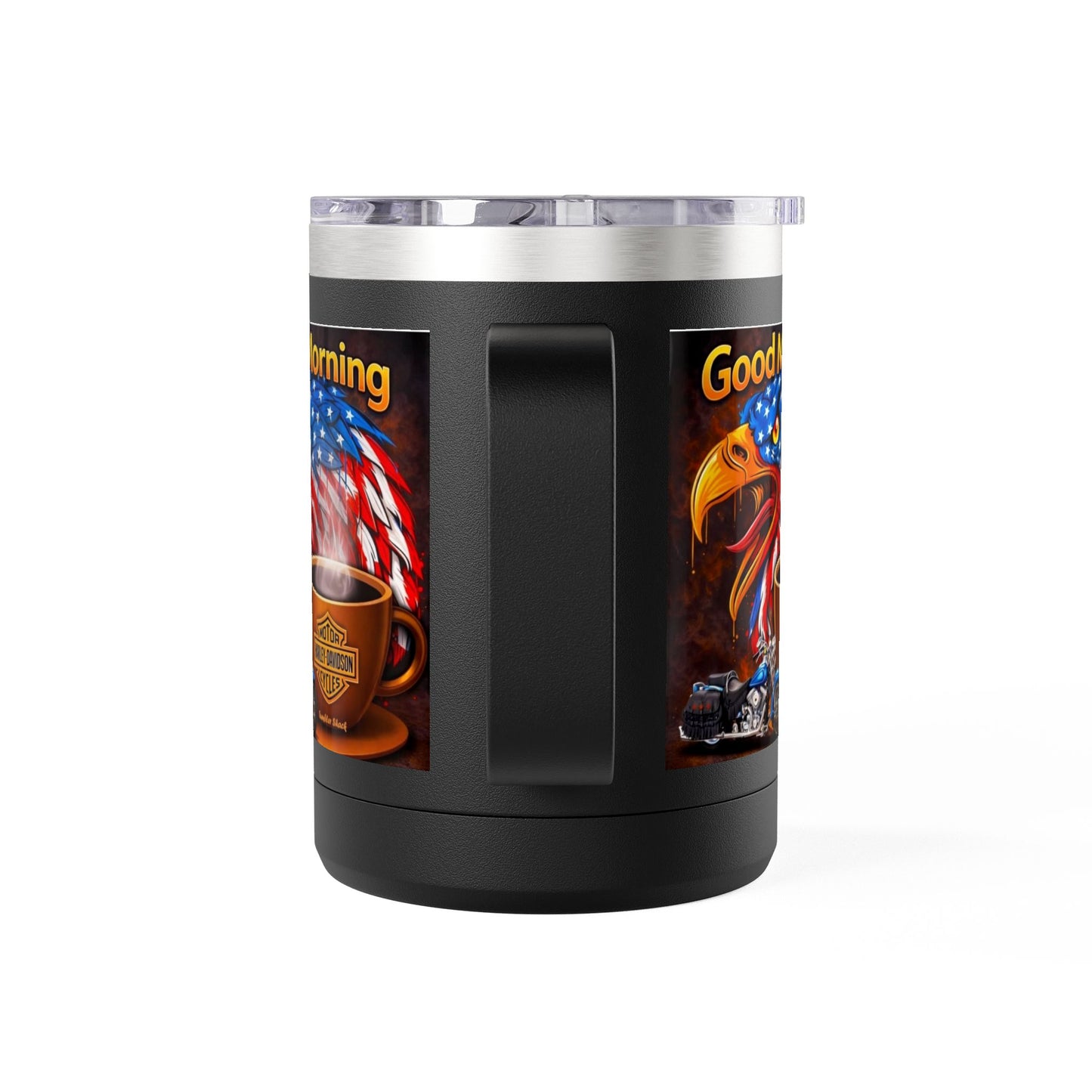 Good Morning Eagle Coffee Mug Tumbler – Patriotic American Flag Eagle with Harley Cup, 15oz