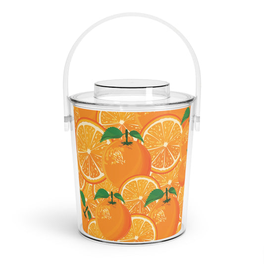Citrus Splash Ice Bucket with Tongs — Orange Fruit Pattern
