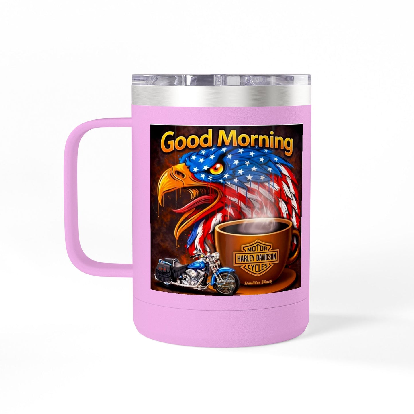Good Morning Eagle Coffee Mug Tumbler – Patriotic American Flag Eagle with Harley Cup, 15oz