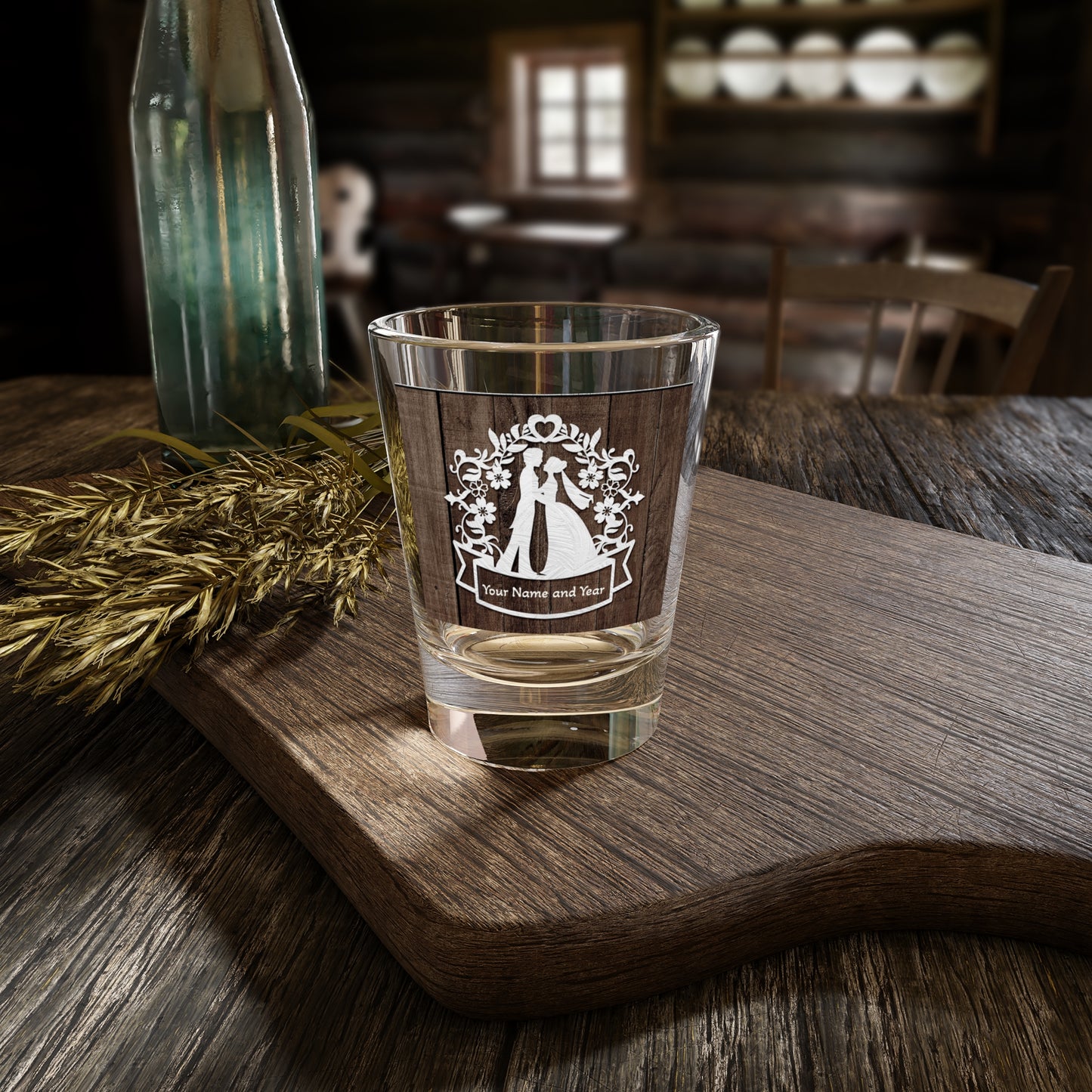 Rustic Wedding Shot Glass — Personalized "Your Name and Year" 1.5oz Favor