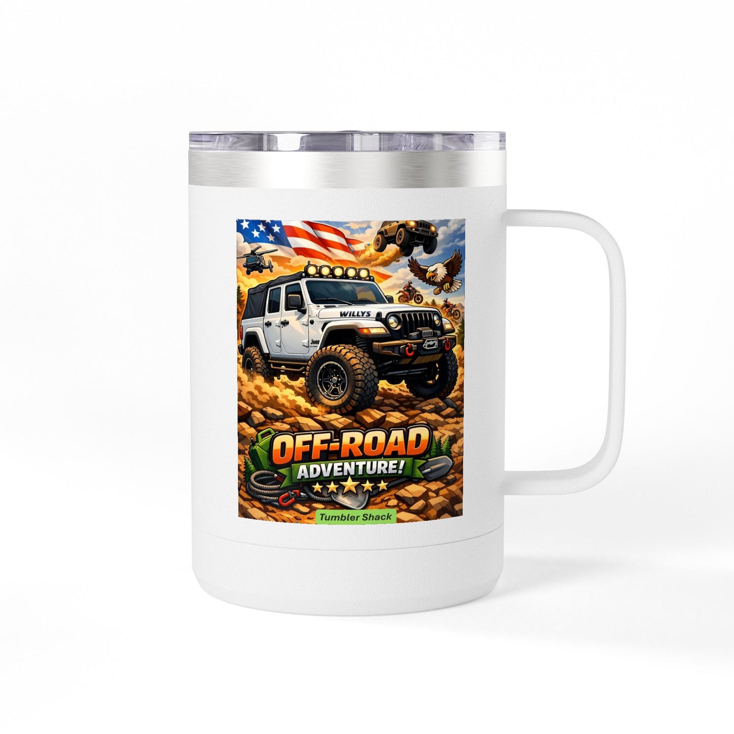 Off‑Road Adventure 15oz Tumbler Mug — Jeep 4x4 Coffee Travel Cup