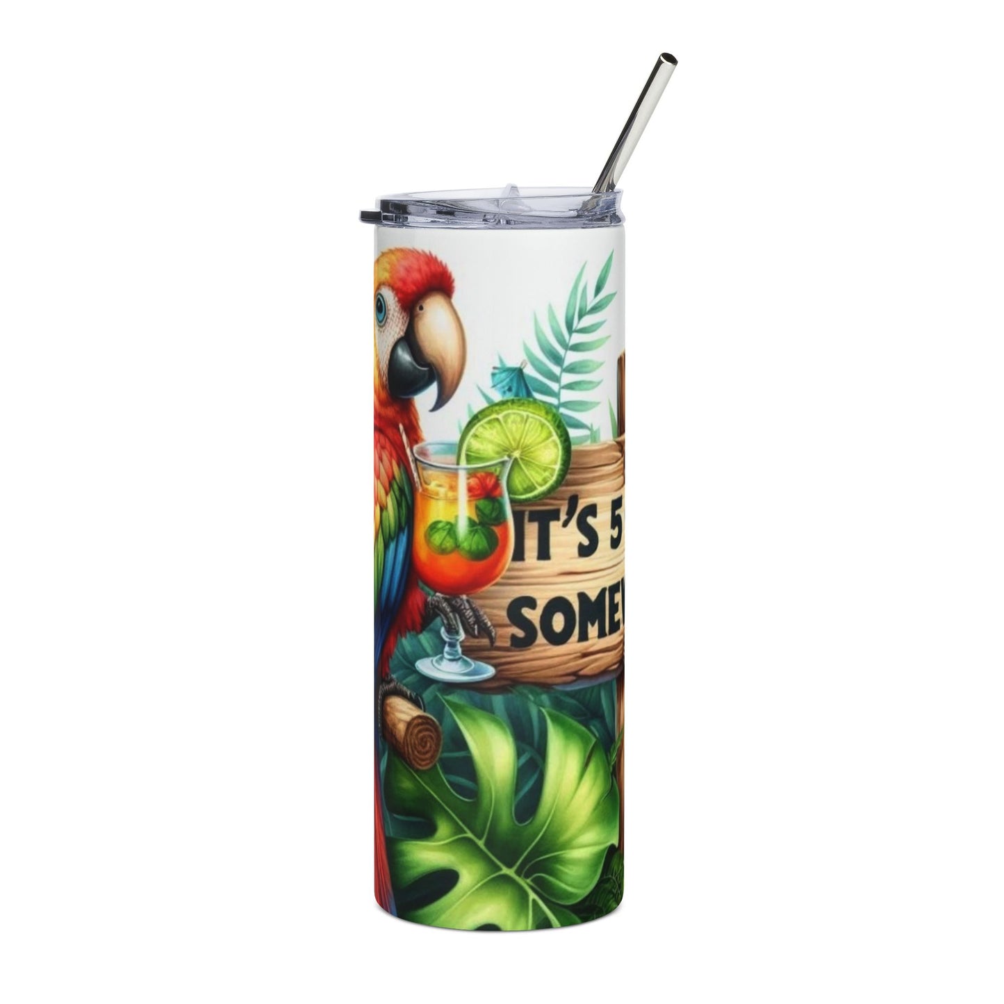 Tropical Parrot 20oz Stainless Steel Tumbler — "It's 5 O'Clock Somewhere" Cocktail Travel Cup